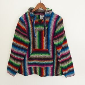 Mexican Baja Pullover Hoodie Striped Size Medium